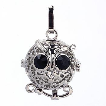 Rack Plating Brass Cage Pendants, For Chime Ball Pendant Necklaces Making, with Rhinestone, Owl, Antique Silver, 32x27x23mm, Hole: 3mm, inner measure: 18mm