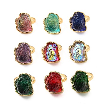 Rack Plating Brass Finger Ring, Iceberg Melting Shaped Glass Adjustable Rings for Women, Long-Lasting Plated, Cadmium Free & Lead Free, Real 18K Gold Plated, Mixed Color, 1.5~3mm, Inner Diameter: 17.5~21mm