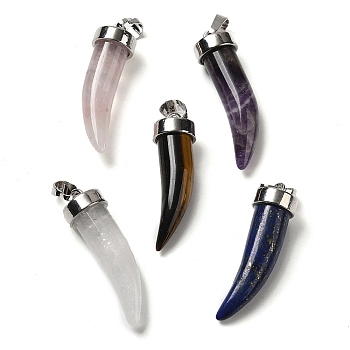 Natural & Synthetic Mixed Gemstone Pendants, Horn Charms, with Rack Plating Platinum Plated Brass Snap on Bails, Mixed Dyed and Undyed, 34~36x10mm, Hole: 8x5mm