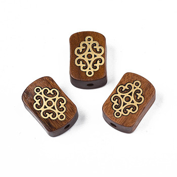 Natural Rosewood Undyed Beads, with Raw(Unplated) Brass Slices, Rectangle, Saddle Brown, 17x11.5x7mm, Hole: 1.8mm