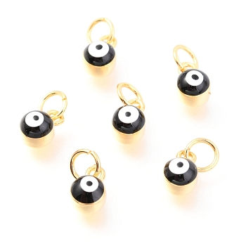 Brass Enamel Pendants, Long-Lasting Plated, Real 18K Gold Plated, with Jump Rings, Column with Evil Eye, Black, 7x3.5x4.5mm,Jump Ring: 5x0.6mm, 3mm inner diameter.
