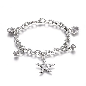 Tarnish Resistant 304 Stainless Steel Charm Bracelets, with 201 Stainless Steel Ring, with Lobster Claw Clasps, Starfish/Sea Stars & Fish, Stainless Steel Color, 7-1/2 inch(19cm), Charm: 8.5x6mm and 12.5~22x12~19mm