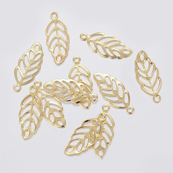 304 Stainless Steel Charms, Leaf, Real 18K Gold Plated, 13x5.5x0.3mm, Hole: 1mm