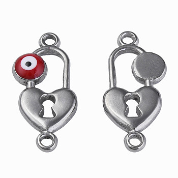 304 Stainless Steel Enamel Connector Charms, Stainless Steel Color, Heart-Shaped Lock with Evil Eye, Dark Red, 23x11x3mm, Hole: 1.5mm