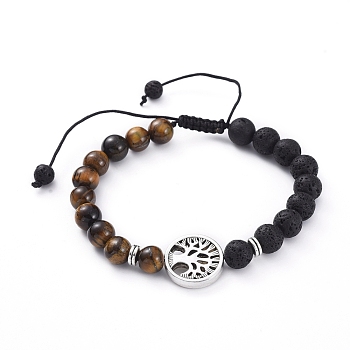 Natural Lava Rock & Tiger Eye Beads Adjustable Braided Bracelets, with Tibetan Style Alloy Beads, Flat Round with Tree, Antique Silver, 2-3/8 inch(59mm)~3-5/8 inch(93mm)