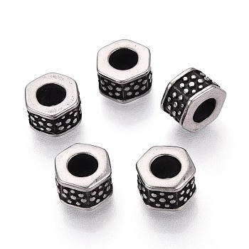 304 Stainless Steel European Style Large Hole Beads, Hexagon, Antique Silver, 9.5x9.5x6mm, Hole: 5mm