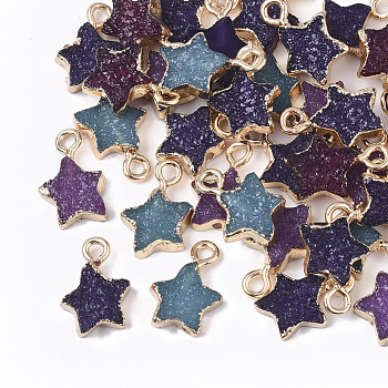 Druzy Resin Pendants, with Edge Light Gold Plated Iron Loops, Star, Mixed Style, Mixed Color, 15x10x3mm, Hole: 1.8mm