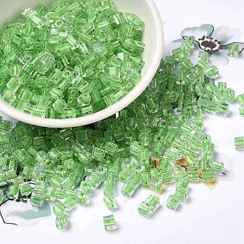 Glass Seed Beads, Transparent Lustered Glass, Square Hole, Square, Lime Green, 4x4x4mm, Hole: 1.2mm, 5000pcs/pound