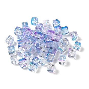 Two Tone Transparent Glass Beads, Cube, Violet, 6x6x7mm, Hole: 1.4mm, about 500pcs/bag