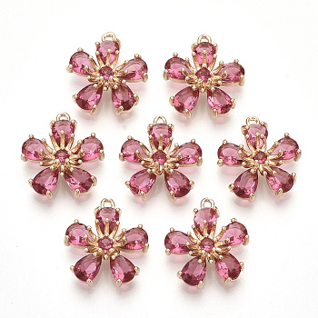 Transparent Glass Pendants, with Golden Tone Brass Findings, Faceted, Flower, Pearl Pink, 16x14.5x6mm, Hole: 1mm