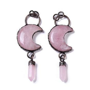 Natural Rose Quartz Crescent Moon Big Pendants, Faceted Bullet Gems Charms with Red Copper Plated Brass Findings, 95x32x9mm, Hole: 6mm
