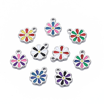 304 Stainless Steel Charms, with Enamel, Flower, Stainless Steel Color, Mixed Color, 12.5x10x2mm, Hole: 1.5mm