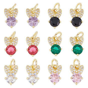 12PCS 6Colors Brass Micro Pave Cubic Zirconia Charms, Real 18K Gold Plated, Cadmium Free & Lead Free, Rabbit, Mixed Color, 10x6.5x3mm, Hole: 3.8mm, 2pcs/color