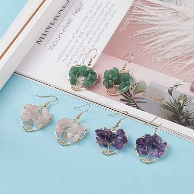 Natural Gemstone Chips Braided Heart with Tree of Life Dangle Earrings(EJEW-JE04882)-2