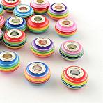 Resin European Beads, Large Hole Beads, with Silver Plated Brass Double Cores, Stripe, Rondelle, Mixed Color, 14x8~8.5mm, Hole: 5mm(RPDL-S003-M)