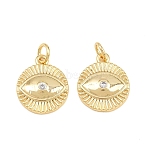 Brass Micro Pave Cubic Zirconia Pendants, Flat Round with Evil Eye Charms, Rack Plating, Long-Lasting Plated, Cadmium Free & Lead Free, Real 18K Gold Plated, Clear, 16x13.5x2.5mm, Hole: 3.5mm(CU-CBAB719-05G-B)