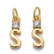 Brass Micro Pave Clear Cubic Zirconia Pendants, with Jump Rings, Real 18K Gold Plated, Long-Lasting Plated, Letter, Letter.S, 10x3x2.5mm(ZIRC-Z011-35S)