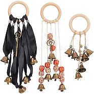 3Pcs 3 Style Alloy Witch Bells Pendant Decorations, with Wooden Ring, Mixed Color, 215~315mm, 1pc/style(HJEW-OC0001-14)