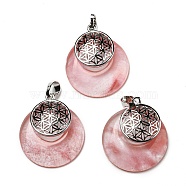 Cherry Quartz Glass Pendants, Spiritual Charms, with Platinum Tone Brass Findings, Flat Round with Flower of Life/Sacred Geometry, 32~32.5x28~30x7~7.5mm, Hole: 5x8mm(KK-F751-M-A06)