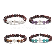 4Pcs 4 Style Natural & Synthetic Mixed Gemstone & Wood Stretch Bracelets Set with Alloy Cross Beaded for Women, Mixed Color, Inner Diameter: 2-1/8 inch(5.5cm), 1Pc/style(BJEW-TA00226)