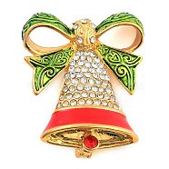 Christmas Theme Enamel Pins, Alloy Rhinestone Brooches for Backpack Clothes, Christmas Bell, Golden, 38.5x32mm(JEWB-S022-04D-G)