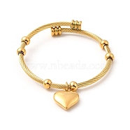 Ion Plating(IP) 304 Stainless Steel Heart Charms Cuff Bangle, Round Beaded Twist Rope Bangle for Women, Golden, Inner Diameter: 2 inch(5.1cm)(BJEW-P283-07G)