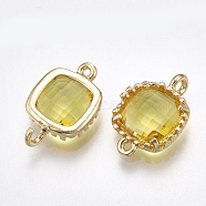 Glass Links connectors, with Brass Findings, Faceted, Square, Golden, Yellow, 14.5x9.5x3.5mm, Hole: 0.8~1.2mm(X-GLAA-S179-07N)