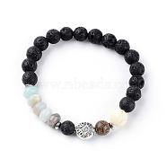 Natural Lava Rock Beads Stretch Bracelets, with Tibetan Style Alloy Beads, Wood Beads, Synthetic Coral Beads and Brass Findings, 2-1/8 inch(53mm)(BJEW-JB03394-01)