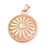 304 Stainless Steel Pendants, Sandblasting Effect, Flat Round with Daisy, Matte Rose Gold Color, 34x28x5.5mm, Hole: 7x3mm(STAS-A046-11MRG)