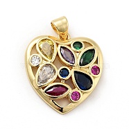 Rack Plating Brass Micro Pave Colorful Cubic Zirconia Pendants, Long-Lasting Plated, Lead Free & Cadmium Free, Heart, Real 18K Gold Plated, 21x19.5x4mm, Hole: 3.5x4mm(X-ZIRC-F129-40G)