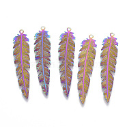 Ion Plating(IP) 304 Stainless Steel Filigree Pendants, Etched Metal Embellishments, Leaf, Rainbow Color, 41.5x9x0.4mm, Hole: 1.2mm(X-STAS-T057-11)