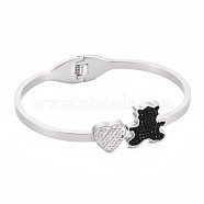 Rhinestone Bear & Heart Bangle, Stainless Steel Hinged Bangle with Polymer Clay for Women, Stainless Steel Color, Inner Diameter: 1-7/8x2-1/4 inch(4.8x5.8cm)(BJEW-N017-012P)