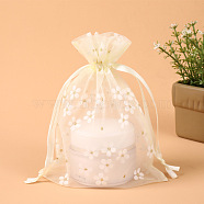 Rectangle Organza Drawstring Bags, Embroidery Flower Pattern, Cornsilk, 14x10cm(CON-PW0001-062A-02)
