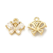 Clear Glass Pendnants, with Brass Findings, Butterfly Charms, Real 18K Gold Plated, 10x10x2.5mm, Hole: 1.2mm(KK-P228-17G)