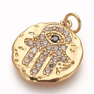 Brass Micro Pave Cubic Zirconia Pendants, Lead Free & Cadmium Free & Nickel Free, Flat Round with Hamsa Hand/Hand of Fatima/Hand of Miriam, Clear, Golden, 18x16x2mm, Hole: 3mm(KK-P156-14G-NR)