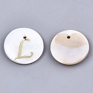 Natural Freshwater Shell Pendants, with Golden Plated Brass Etched Metal Embellishments, Flat Round with Letter, Letter.L, 15x2mm, Hole: 1.2mm(X-SHEL-N027-04L)
