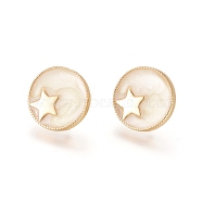 Real 18K Gold Plated Brass Stud Earring Findings, with Loop and Enamel, Flat Round with Star, White, 14mm, Hole: 1mm, Pin: 0.7mm(KK-L180-118B)