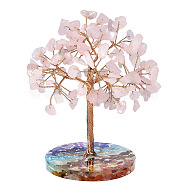 Natural Rose Quartz Chips Tree of Life Decorations, Round Resin Base with Copper Wire Feng Shui Energy Stone Gift for Home Office Desktop Decoration, 63~89x100~117mm(PW-WG52040-02)