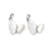 Natural White Shell Butterfly Pendants, Brass Micro Pave Clear Cubic Zirconia Butterfly Charms, Platinum, 16x17.5x4mm, Hole: 5x2.5mm(KK-U043-25P)