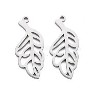 304 Stainless Steel Pendants, Laser Cut, Leaf, Stainless Steel Color, 28x13x1mm, Hole: 1.6mm(STAS-N095-048)
