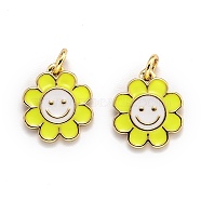 Brass Enamel Charms, Real 18K Gold Plated, Long-Lasting Plated, Flower, Yellow, 14.5x13x1.5mm, Hole: 3mm(KK-O135-01C)
