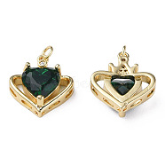 Brass Micro Pave Cubic Zirconia Pendants, with Jump Rings, Nickel Free, Real 18K Gold Plated, Heart, Dark Green, 20x17x7mm, Jump Ring: 5x1mm, 3mm inner diameter(ZIRC-N039-237)
