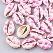 Printed Cowrie Shell Beads, No Hole/Undrilled, Star Pattern, Hot Pink, 20~26x13~18x5~7mm(SHEL-S274-03B)