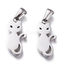304 Stainless Steel Pendants, Manual Polishing, Cat, Stainless Steel Color, 22x10.5x3mm, Hole: 6x2.5mm(STAS-Z006-09P)