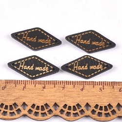 Schima Superba Wood Links, Rhombus with Word Handmade, Black, 26x13.5mm, Hole: 1.5mm(WOOD-TAC0003-84C)