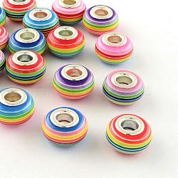 Resin European Beads, Large Hole Beads, with Silver Plated Brass Double Cores, Stripe, Rondelle, Mixed Color, 14x8~8.5mm, Hole: 5mm(RPDL-S003-M)