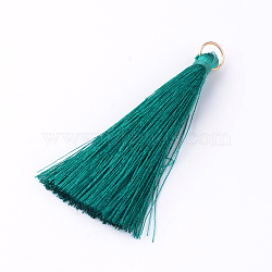 Nylon Thread Tassel Big Pendants Decoration, with Brass Findings, Golden, Teal, 63~66x7mm, Hole: 7mm(FIND-Q065-A07)