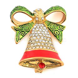 Christmas Theme Enamel Pins, Alloy Rhinestone Brooches for Backpack Clothes, Christmas Bell, Golden, 38.5x32mm(JEWB-S022-04D-G)