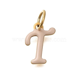 Ion Plating(IP) 304 Stainless Steel Enamel Alphabet Charms, with Jump Ring, Real 14K Gold Plated, Letter T, 12x9x1mm, Hole: 5mm(STAS-F308-02G-T)