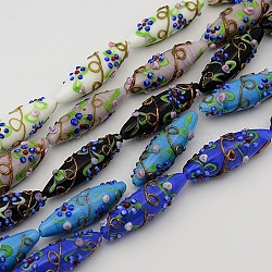 Handmade Bumpy Lampwork Rice Beads Strands, with Flower Pattern, Mixed Color, 40~45x13~15mm, Hole: 2mm, about 7pcs/strand, 12 inch(LAMP-L008-M)